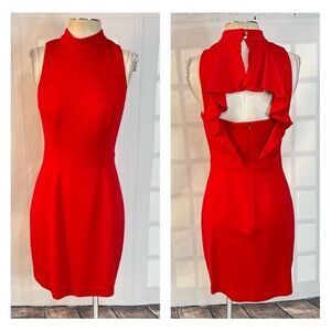 Trina Turk Red Mock Neck Sleeveless Ruffle Open-Back Sheath Dress Size 4